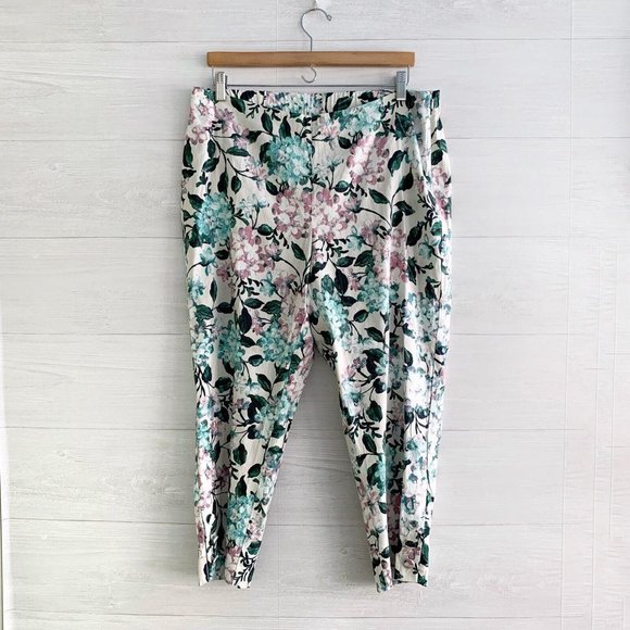 NWT J.Jill Stretch Linen - Oatmeal floral linen cropped pant button hem L Petite - Picture 1 of 6